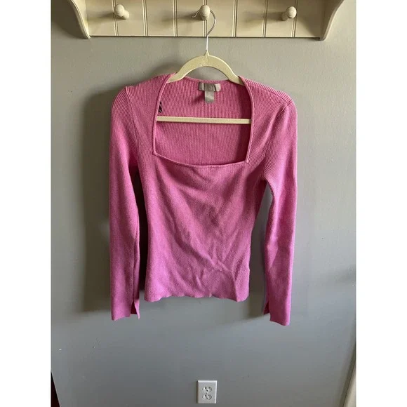 H&M Pink Ribbed Square Neck Sweater Long Sleeve Knit Top Womens - Picture 2 of 3